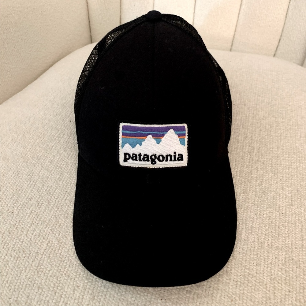 Patagonia White Mountain Logo Black Trucker Hat   Unisex